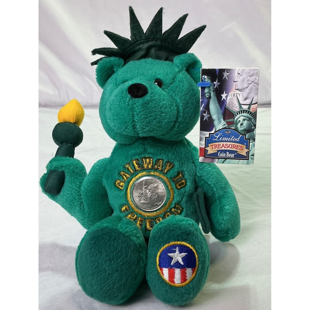Limited Treasures Lady Liberty Coin Bear 2001 NY Quarter Green Plush 9in Vintage
